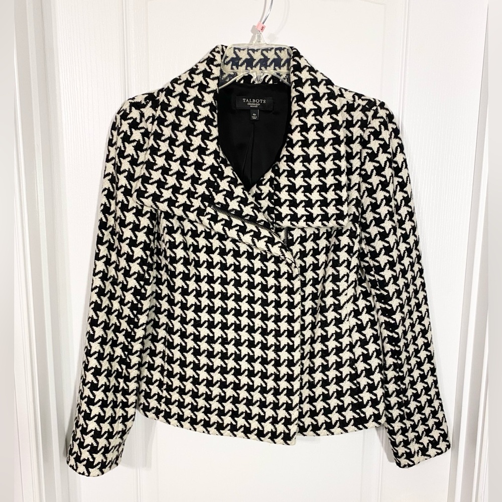 Talbots Houndstooth Wool Blend Moto Jacket Black Cream Size 4 Petite